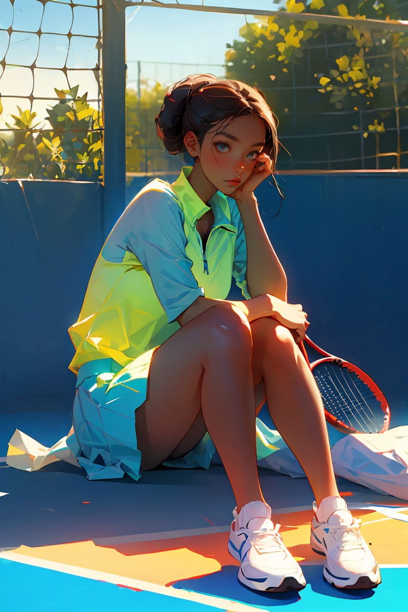 (best quality, masterpiece), 1girl, Tennis player, resting in the shade,